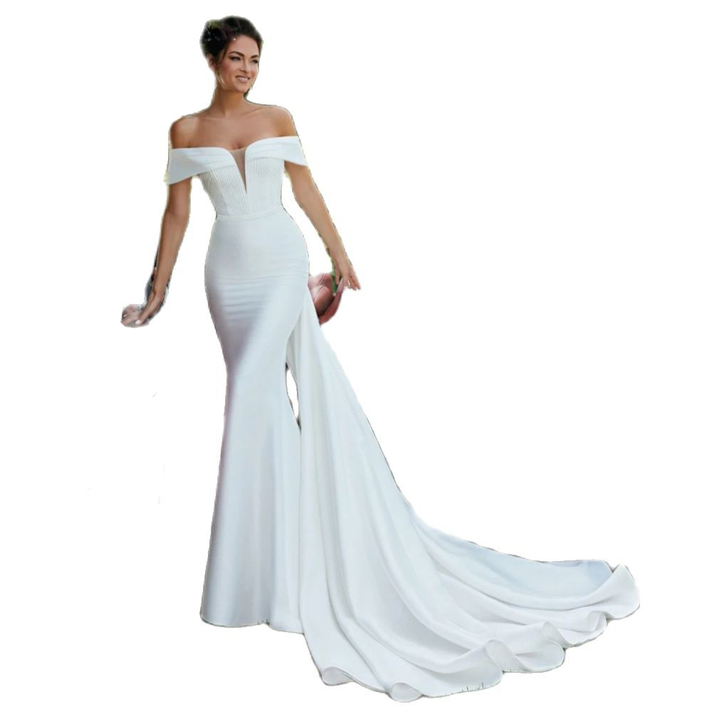 

Elegant Off the Shoulder Mermaid Wedding Dresses Detachable Train Bridal Gown Satin Chapel Garden Wedding Gowns, Daffodil