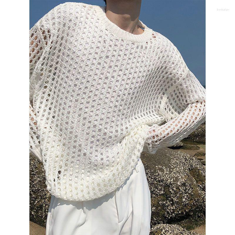 

Men's T Shirts Summer Hollow Out Men Long Sleeve O Neck Knitted Sun Protection Simple Thin Fashion Harajuku Oversized Tops Black White