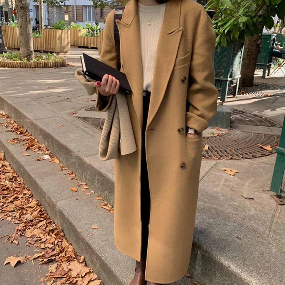 

Fur Winter Coat for Women Double Breasted Ladies Midlength Gray Black Slim Woolen Long Jacket Coats Autumn Fall Korean Overcoat New, Camel