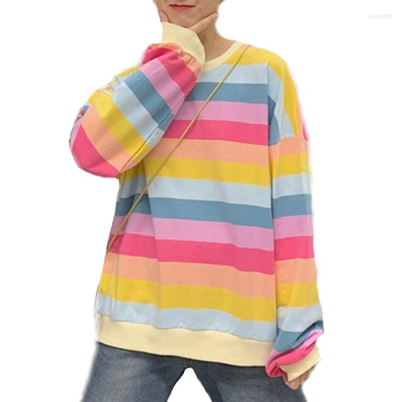 

Women's Hoodies Harajuku Style Colorful Striped Shirts Cute Loose Sweatshirt Women Long Sleeve Pullover Kawaii Clothes Rainbow Student Girl, Light rainbow