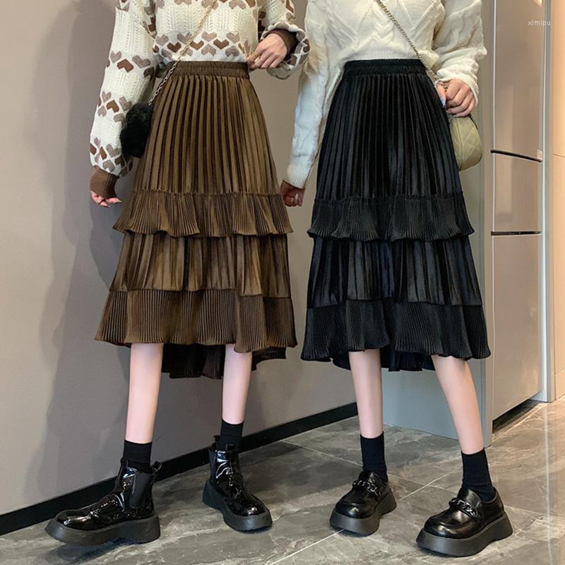

Skirts Rimocy Pleated Long Skirt For Women Autumn Winter Velvet High Waist Casual Woman Loose Ruffles Office Ladies Midi, Black