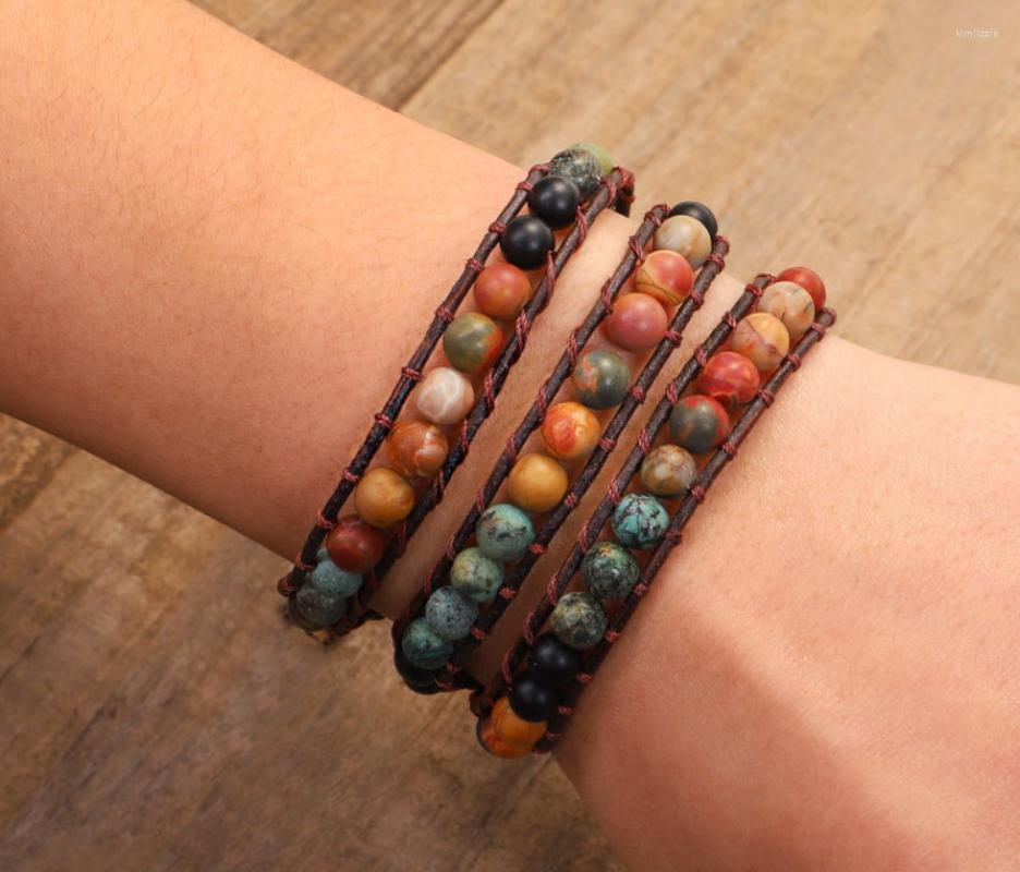 

Strand Vintage Leather Bracelets 6MM Matte Stone 3 Strands Wrap Woven Multilayer Boho Bracelet Handmade Jewelry