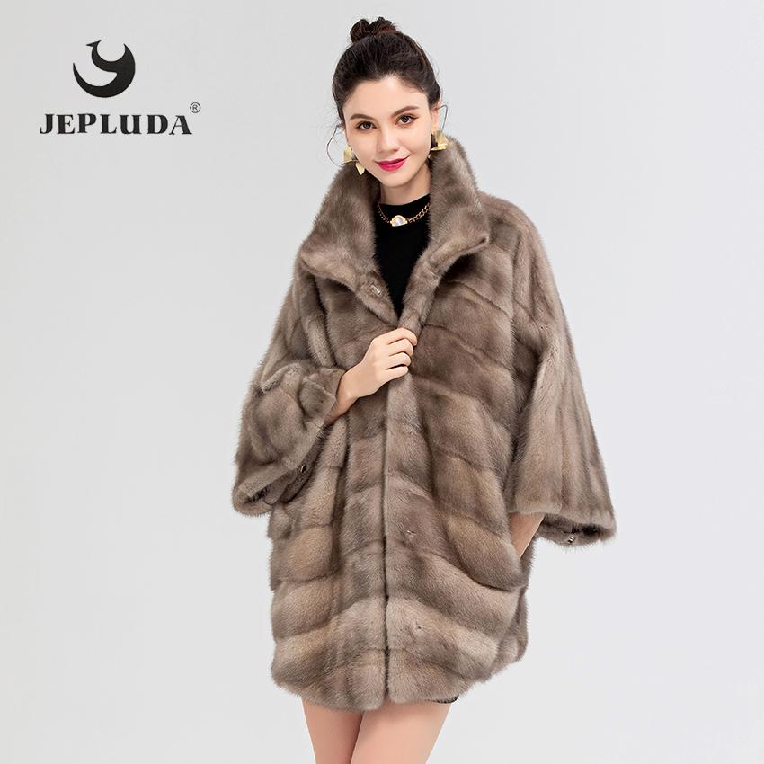 

Fur Jepluda Stylish Plus Size Natural Real Mink Fur Coat Women Loose Bat Style Warm Soft Winter Real Fur Coat Women Mink Fur Jacket, Black