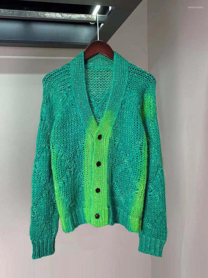 

Women' Knits Green Knitted Cardigan Women Color Patchwork Hollow Out V-neck Long Sleeve Single Breasted Loose Ladies Sweaters