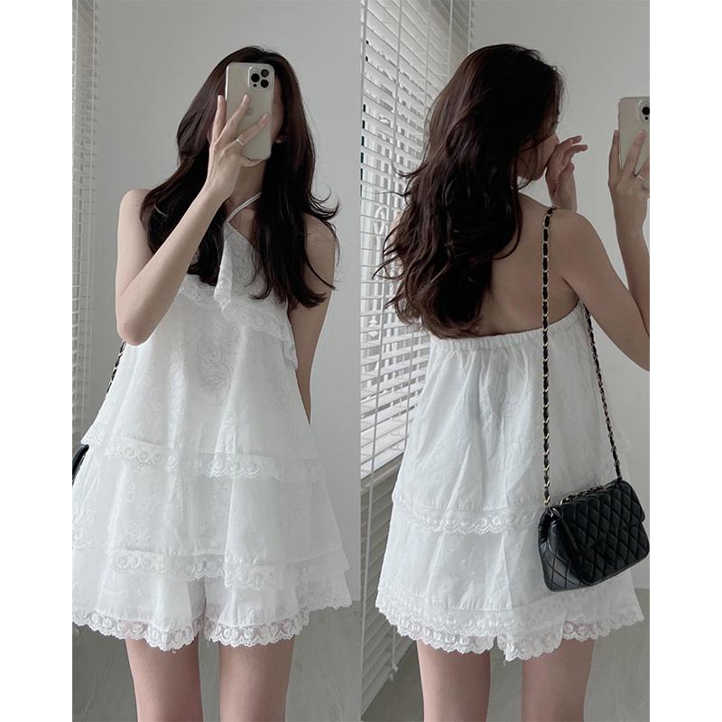 

Dress Clothland Women Sweet Ruffled Lace Blouse Halter Sleeveless Shirt Mini Shorts Two Piece Set Summer White Cute Suits TZ302
