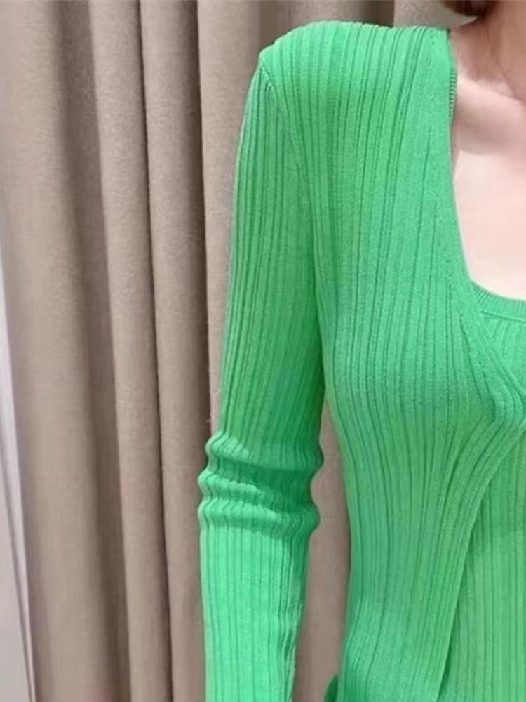 

Sweaters Women Ruffled Knit Cardigan Jacket Metal Button Slim Fit Vneck Green 2022 Early Autumn Sweater for Ladies