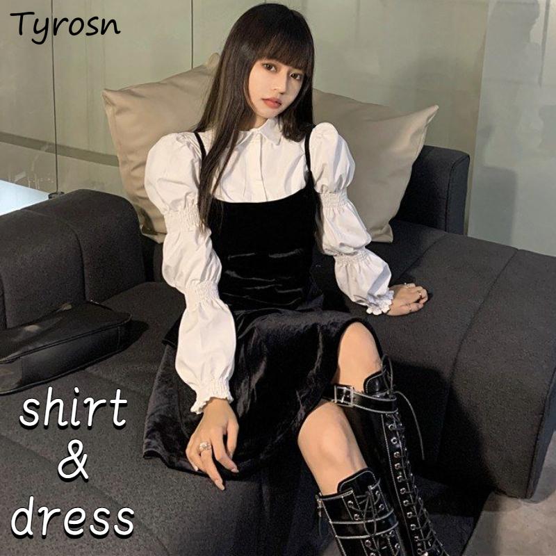 

Dress Dresses Sets Women Retro Sweet Simple Temperament Preppy Style Spring Shirts Mini Fashion Daily Ulzzang Casual Pure Sexy Ladies, Shirt dress 2pcs