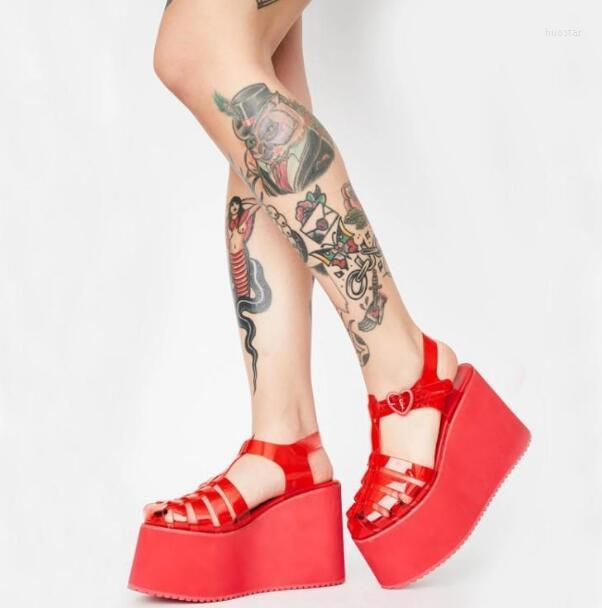 

Dress Shoes Girls Candy Color Orange Pink Red Blue Green Purple Thick Sole Platform Sandals Woman PVC Cuts Out Buckle Strap Wedge, Picture shown