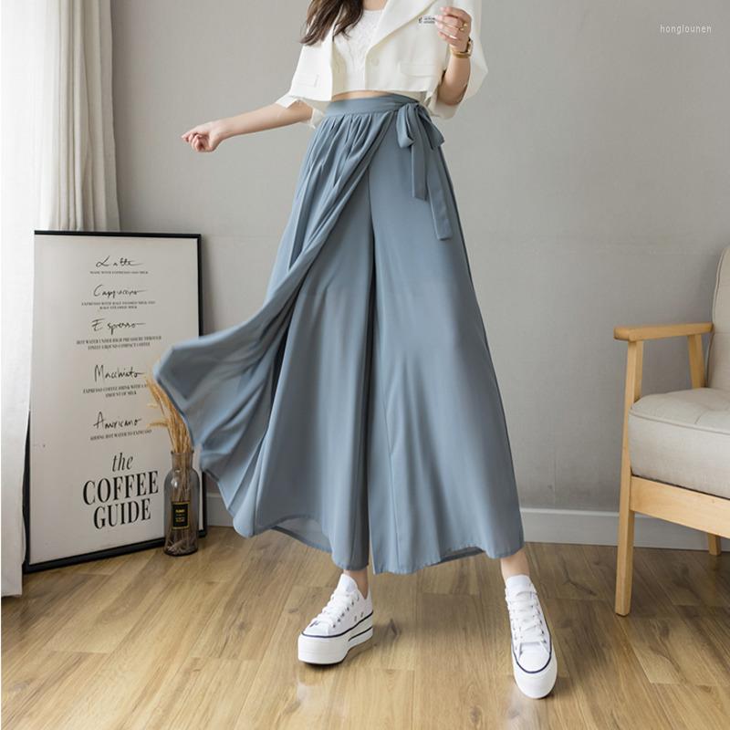 

Women' Pants 2023 Spring Summer Style Korean Women Pleated Chiffon Trousers High Waist Hakama Casual Wide Leg Pantalones, Black