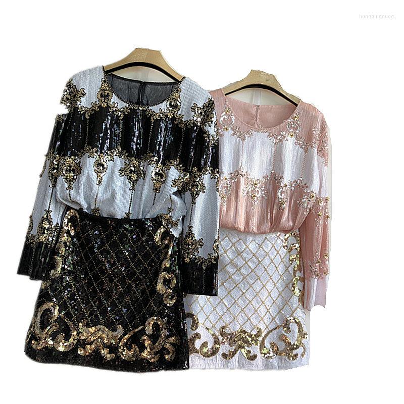 

Two Piece Dress Royal Luxury Party Skirts Suits 2023 Shiny Sequined Vintage Embroidery Tops And Sparkle Golden Skirt Clothing Set NS386, White skirt