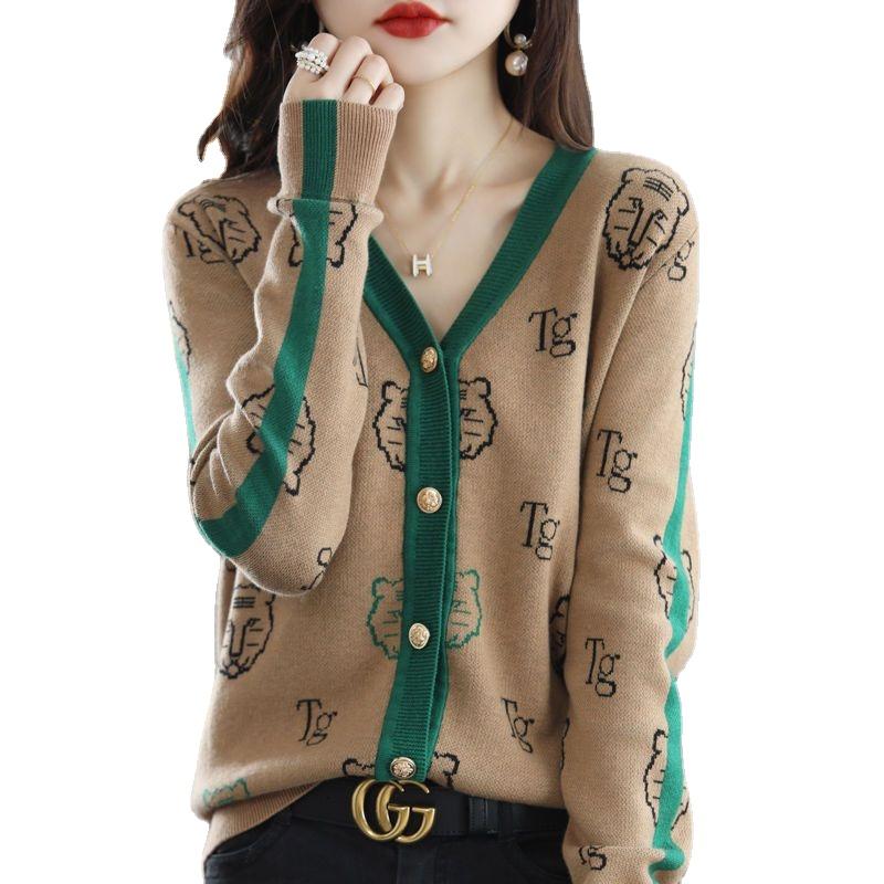 

Sweaters New Knitted Jacket Cardigan Vneck Tiger Jacquard Sweater Fashion Versatile Slim Early Autumn Top Women's Suit, Black