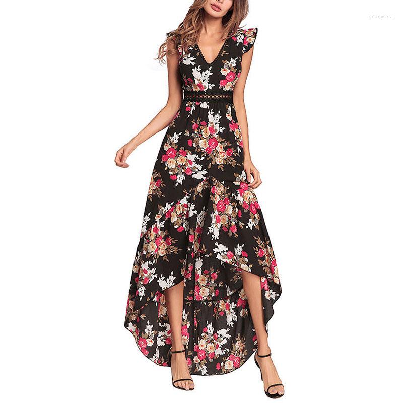

Casual Dresses Women Boho Backless Irregular Floral Printed Dress Summer Deep V Trim Long Lace Maxi Open Back Party Vestidos, White
