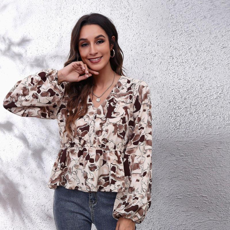 

Women' Blouses Featured Abstract Tie-Dye Printing Lantern Sleeves Waist V-Neck Long-Sleeved Blouse Chiffon Shirt, Brown