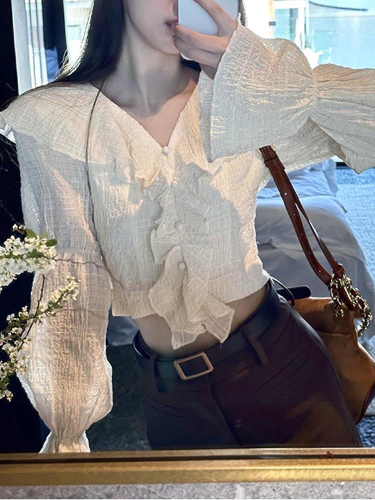 

Women' Blouses 2023 Spring Fashion Elegant Puff Sleeves Kawaii Cardigan Solid Sweet Y2k Crop Tops Beach Lady Casual Chiffon Shirt V-Neck, Blue