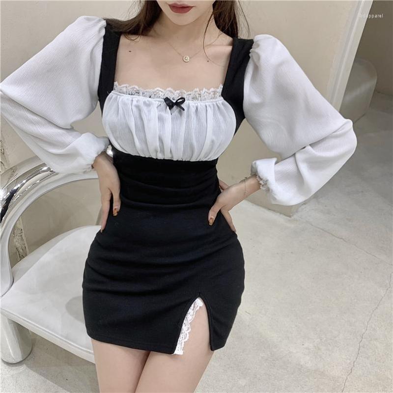 

Casual Dresses Lucyever Vintage Patchwork Lace Mini Women Sexy Side Split Long Sleeve Dress Woman Sweet Style Bow Square Collar, Black