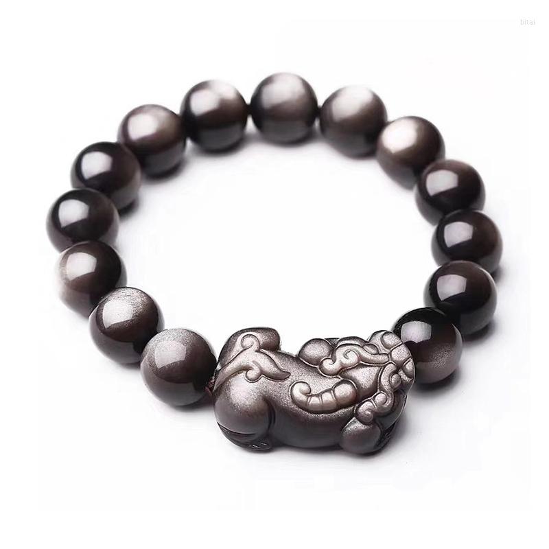 

Strand Gray Natural Obsidian Stone Bracelets Round Beads With Pixiu Charm Bracelet For Men Women DIY Jewelry