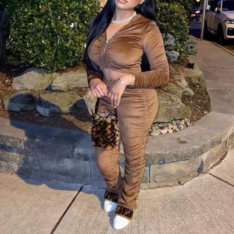 

Women' Two Piece Pants Sexy Crop Top Set Women Outfits Fall Winter Pleuche Pleated Zipper Hooded 2 Casual Fashion Matching, Picture shown