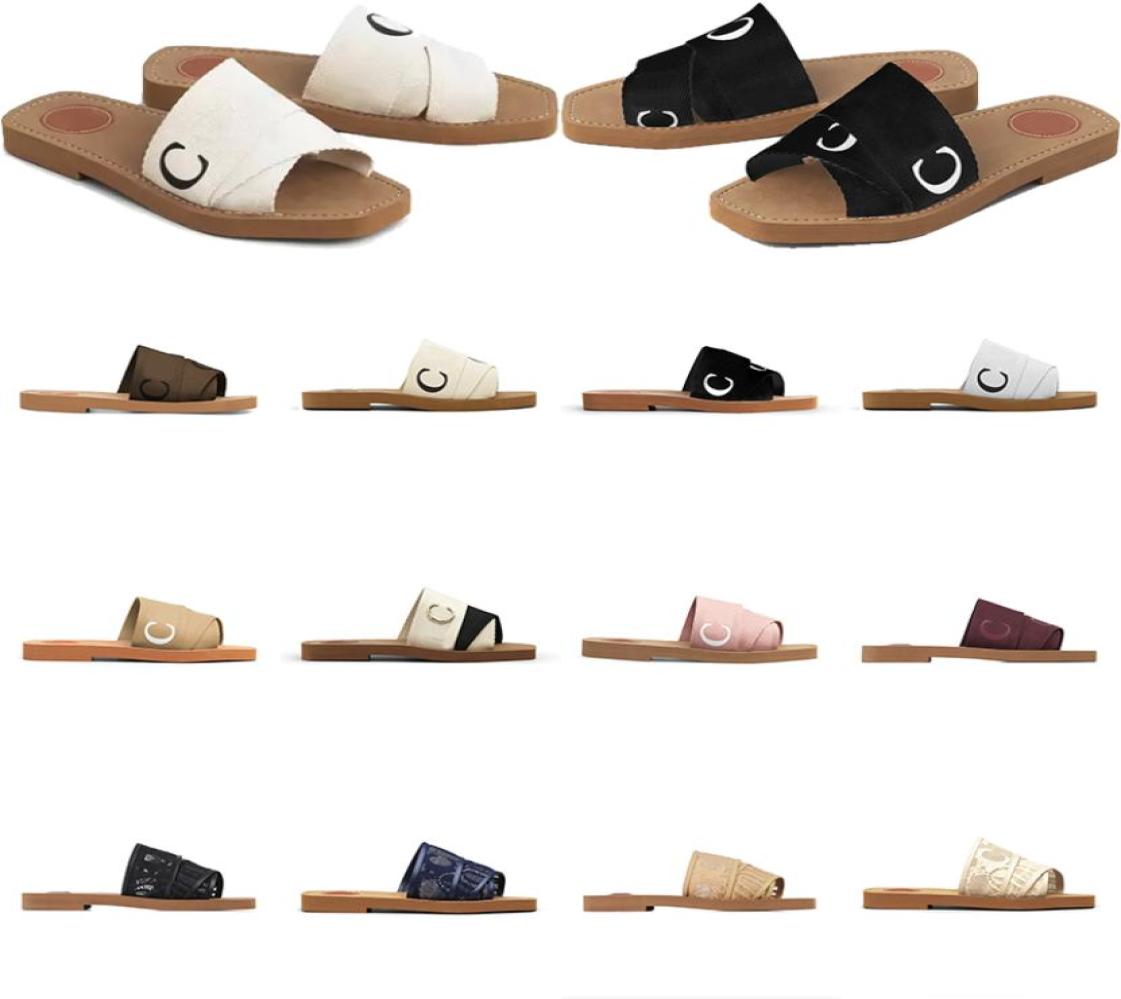 

Women Woody Mules Flat Sandals Slides Designer Canvas Slippers Rubber Slides White Black Beige Lace Womens Fashion Outdoor Beach S2298825