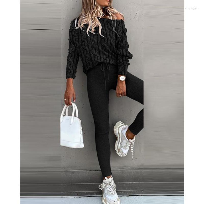 

Women' Two Piece Pants Braid Textured Fluffy Long Sleeve Knitted Sweater Pullover Top & Slim Fit Set Women Tracksuit Outfits Streetwear, Black