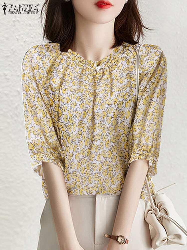 

T-Shirt 2022 WOMEN CASUAL DITSY PRINTED BLOUSE SUMMER SHORT SLEEVE BLUSA FEMME BOHEMIAN ELEGANT TOPS TEES ZANZEA CASUAL O NECK PULLOVER, Purple