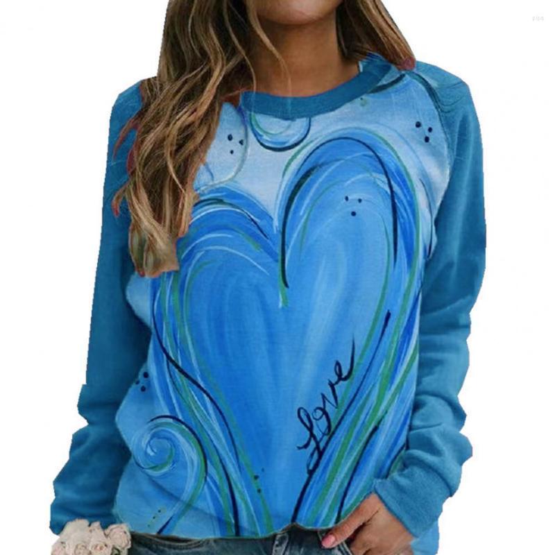 

Women's Polos Women T-shirt 2023 Heart Print Long Sleeve Autumn Winter Loose Round Neck All Match Pullover Blouse Streetwear, Blue
