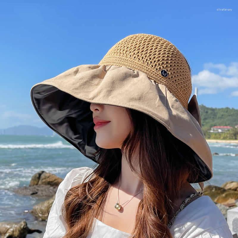 

Wide Brim Hats Spring Summer Women Sunscreen Hat With Bowknot Outdoor Beach UV Protection Visor For Female Straw Panama Cap, Pink