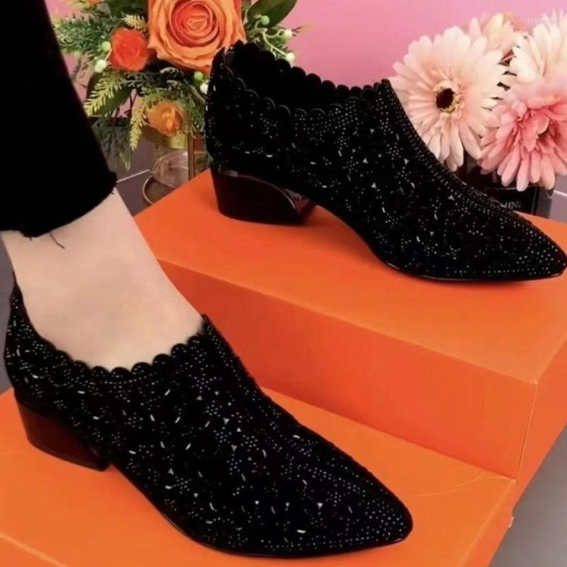 

Sandals Chunky Lace Sexy Pointed Toe Women Shoes Summer 2023 Designer Mid Heels Shallow Mature Dress Woman Pumps Mujer, Black