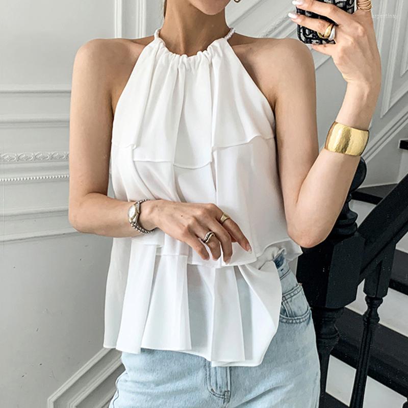 

Women's Blouses Korea Chic Summer Elegant Round Neck Pearl Halter Design Loose Ruffled Cake Shirt Top Women, White