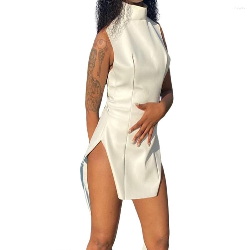 

Casual Dresses Women Faux Leather Dress Long Sleeve Turtleneck Back Hollow Out Sexy Split Backless Elegant Party ClubWear Vestidos, White