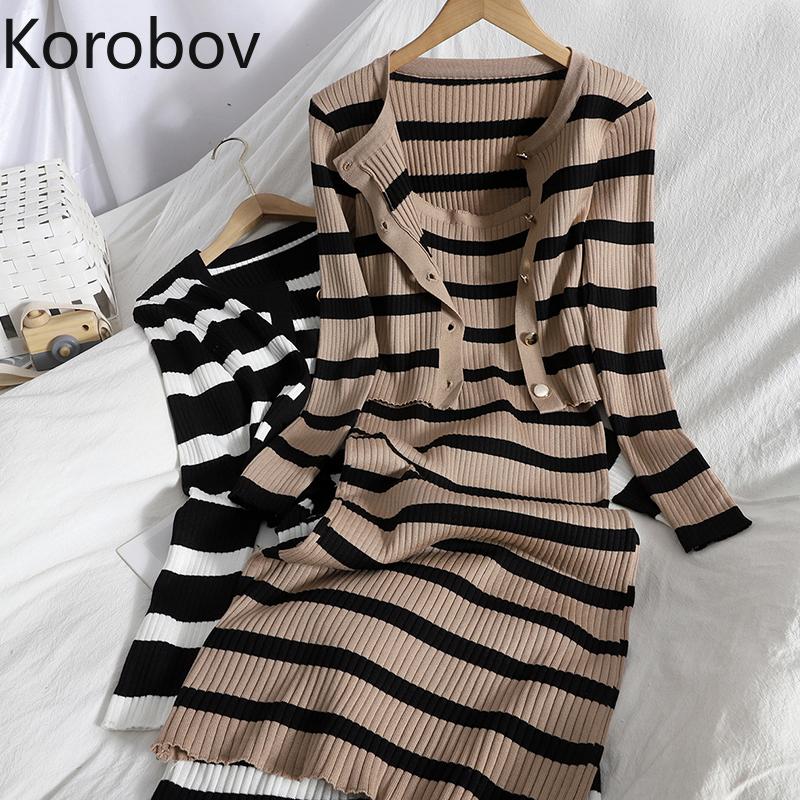 

Dress Korobov Korean Sweet Hit Color Patchwork Striped Spaghetti Strap Dress and V Neck Long Sleeve Cardigans 2 Pieces Sets, Khaki