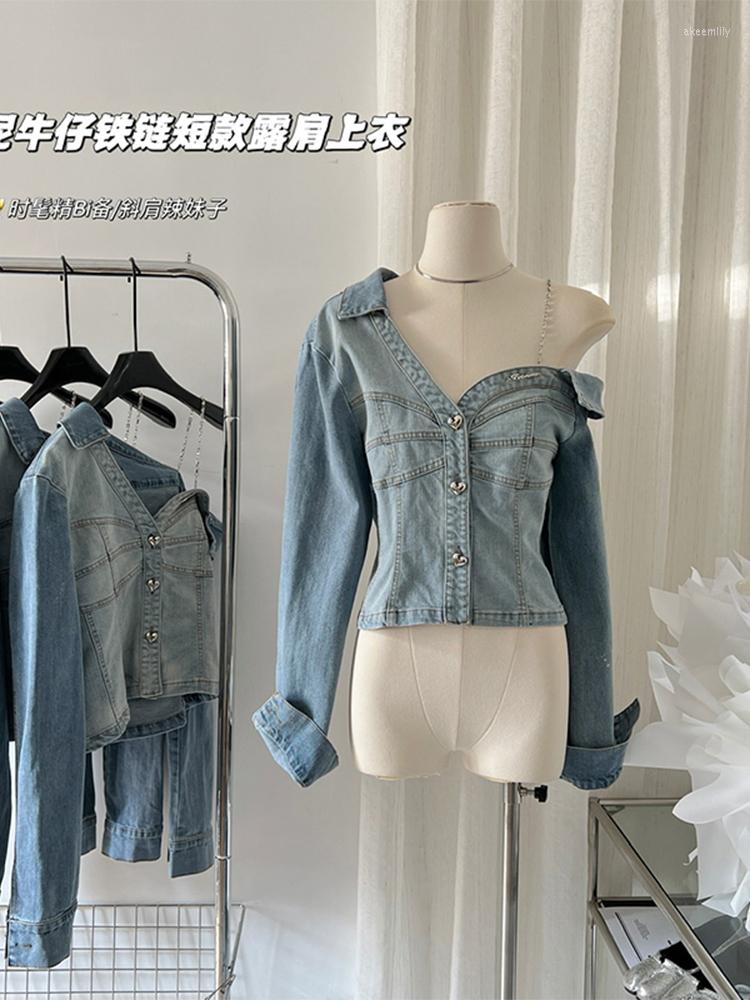 

Women' Blouses Retro Wash Blue Color Women Denim Shirt Skew Collar Long Sleeve Design Female Chain Decoration Off Shoulder Streetwear