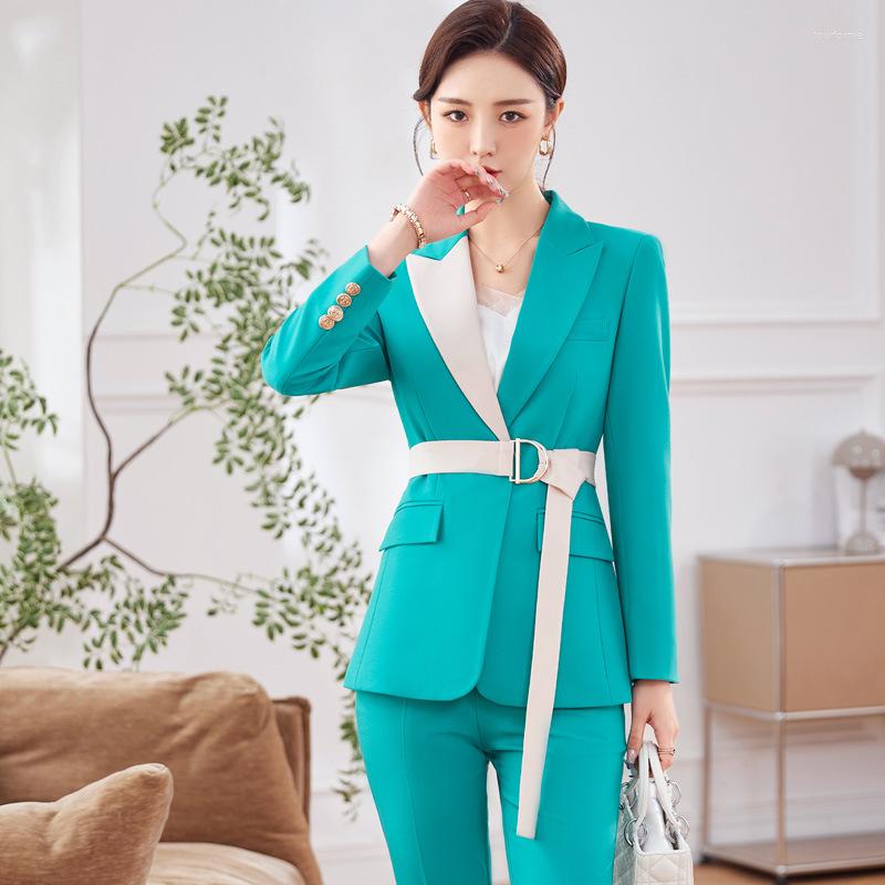 

Women's Two Piece Pants IZICFLY Style 2023 Spring Summer Blue Business Suits Slim Office Blazer And Pant Sets For Women Work Wear Uniform, Blue coat and pant