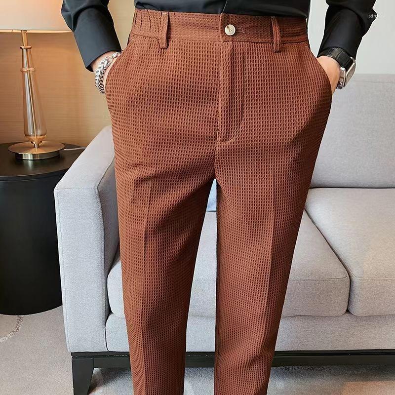 

Men's Suits 2023 Men Suit Trouser High-Quality Waffle Slim Fit Formal Pants Fashion Casual Man Clothing Dress Full Length Pant H205, Baise