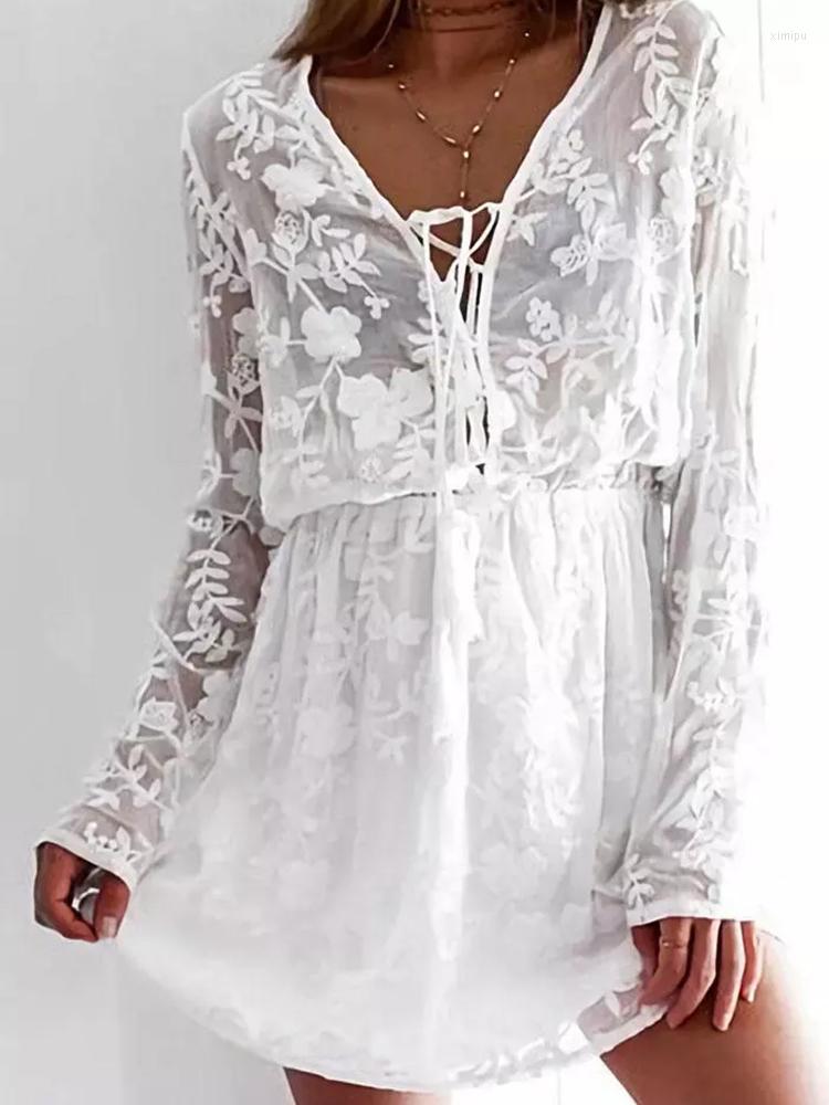 

Casual Dresses Sexy Floral Lace Fairy Dress With Tassel Tie Long Sleeve Cover Up Women Bikini Beach V Neck Beachwears Solid White