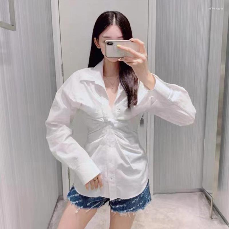 

Women' Blouses 2023 Autumn Pleated Lapel White Shirt Knotted Waist Top Women