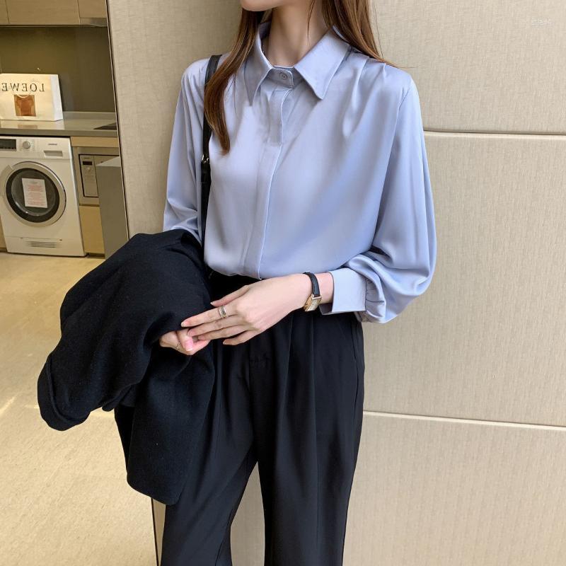 

Women's Blouses Woman Solid Top Elegant Shirts Female Fashion Lapel Ladies Loose Long Sleeve Shirt Casual Vintage Street Blouse Blusas G11, Pink2