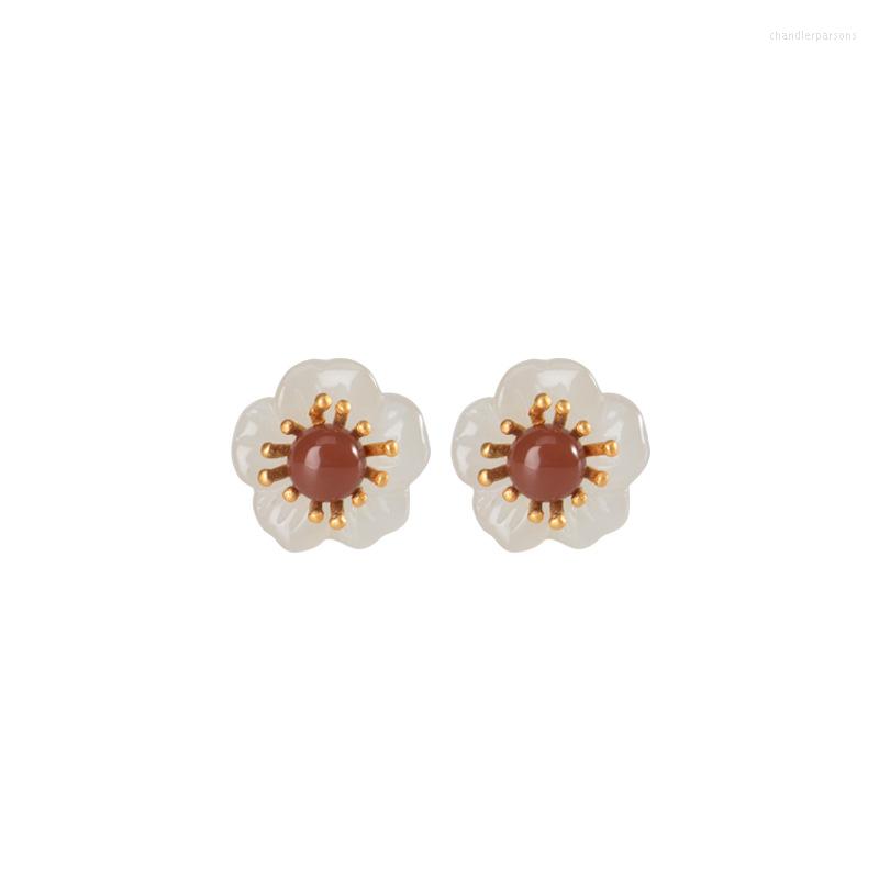 

Stud Earrings S925 Sterling Silver Gold Plated Southern Red Agate Hetian Jade Ear Studs Retro All-matching Plum Blossom Women's