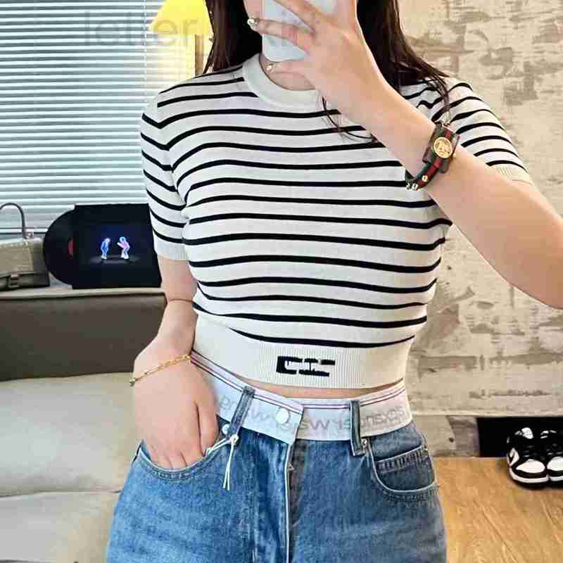 

Women' Hoodies & Sweatshirts designer niche 23 * Spring and summer new round neck striped knitted short sleeved top for women' slim fit sweater bottom WRI5, Striped top