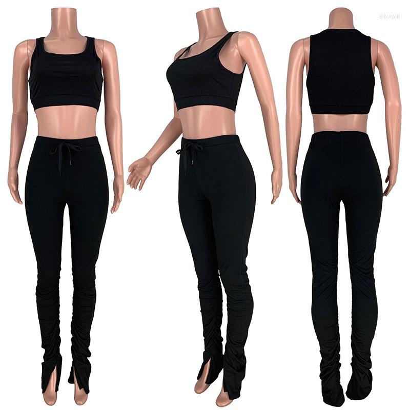 

Women's Two Piece Pants Women Suits Sets Ruched Tracksuits Sleeveless Tops Stacked Leggings Jogger Sweatpants Trousers Outfits Sportswear, Pink