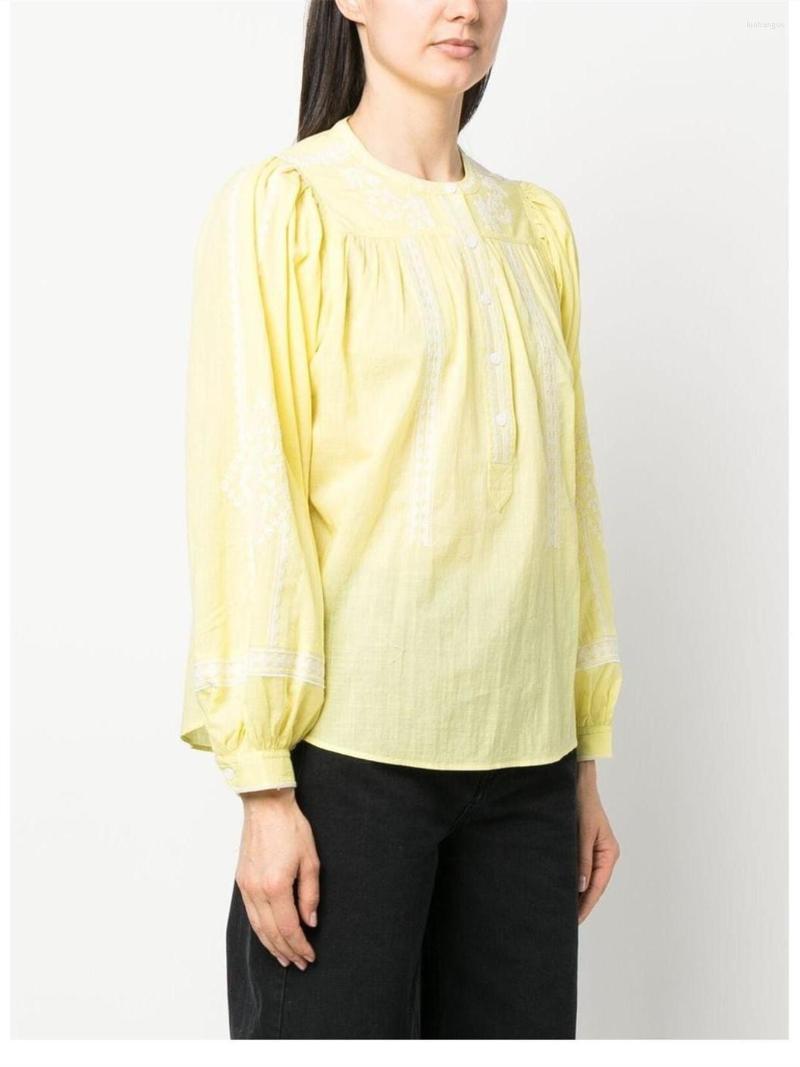 

Women' Blouses Women' Shirt O-neck Lace Trim Embroidery Lantern Long Sleeve Blouse Sweet Spring Summer 2023, Yellow