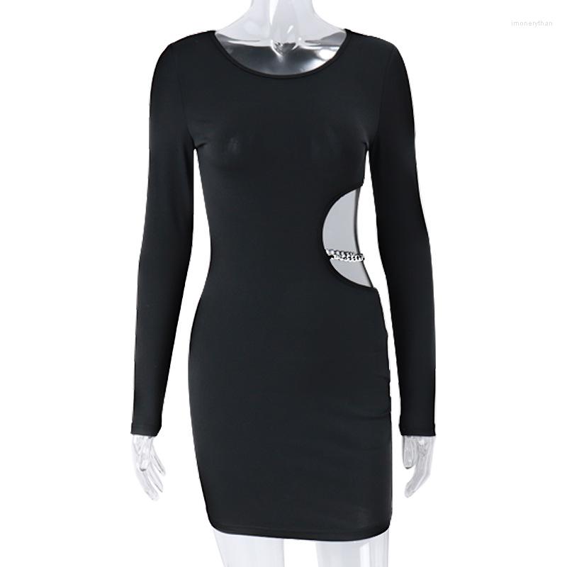

Casual Dresses Chain Cut Out Long Sleeve Dress Women Y2K Mini Bodycon Lady 2023 Spring Summer Sexy Party Club Female Vestidos, Black