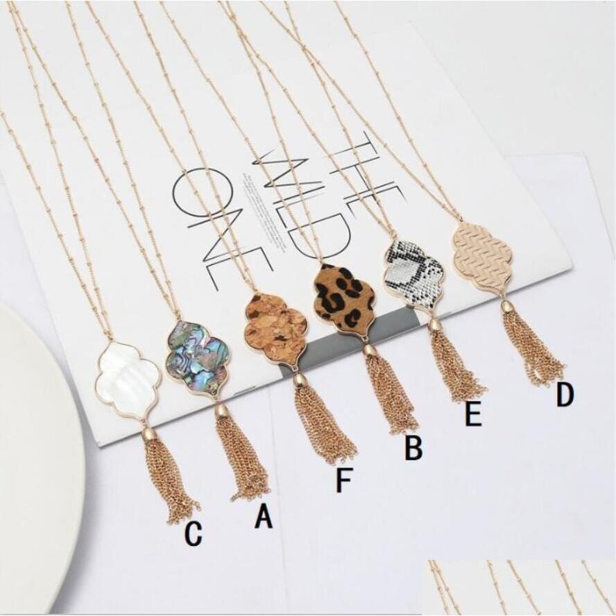 

Pendant Necklaces Hexagon Abalone Shell Leopard Leather Necklace Metal Tassels Long Chain Sweater Geometric Jewelry Drop Delivery Pen Dhohl