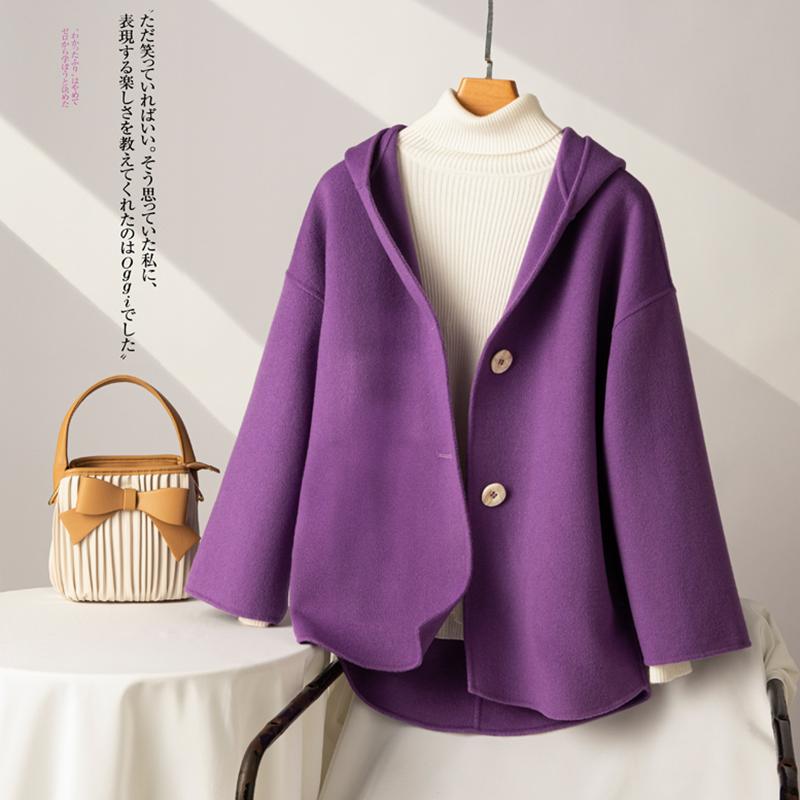 

Fur 100% pure wool doublesided woolen coat women's hooded coat casual knitted loose short top Korean fashion solid color cardigan, Black