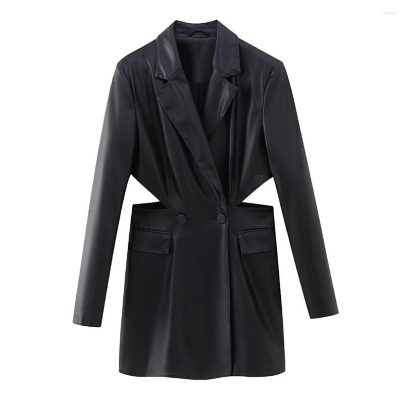 

Women's Suits COS LRIS Winter Women's Retro All-match Black Lapel Long-sleeved Opening Design Faux Leather Suit Jacket 3046/343