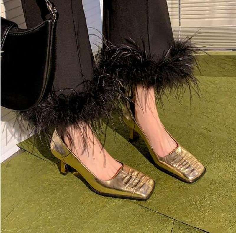 

Gold Silver High heeled Shoes Women Fashion Square toe Cow Leather Vintage Lady Single Shoes