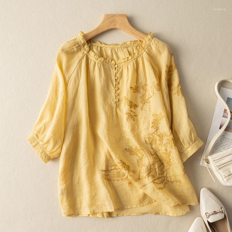 

Women's Blouses Leisure Short Sleeve Womens Tops Mujer Vintage Embroidery Casual Retro Summer Cotton Linen Blouse Ladies Korean Top, Green