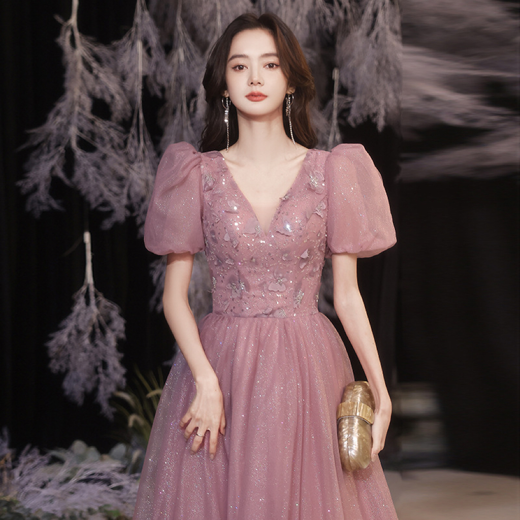 

Gorgeous Cocktail Dress V-Neck Beading Butterfly Appliques Puff Sleeve Banquet Sequins Temperament A-Line Evening Party Gowns, Pink