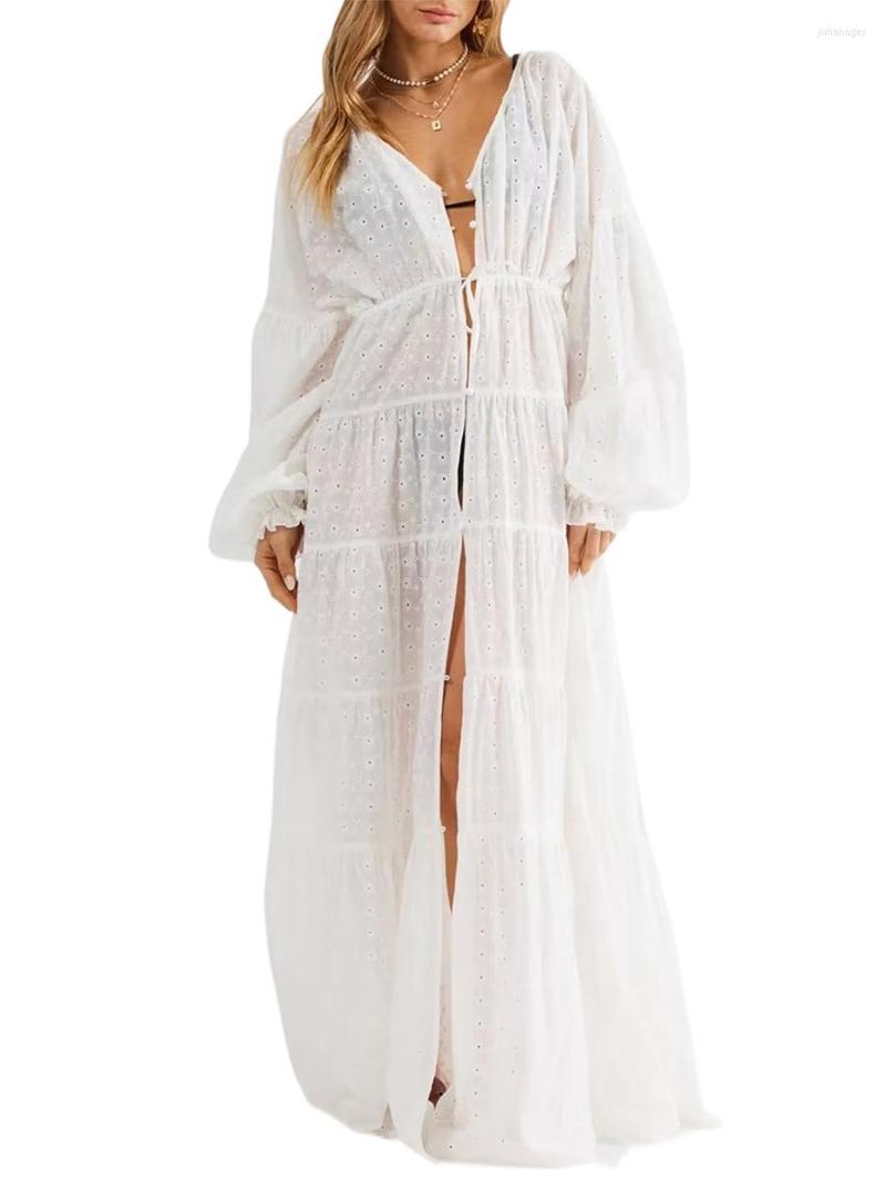 

Women' Swimwear Women Kimono Bikini Cover Up Summer Large Ruffled Hem Lace Patchwork Solid Color Long Sleeve Cardigan Smock For Swimsuit, White