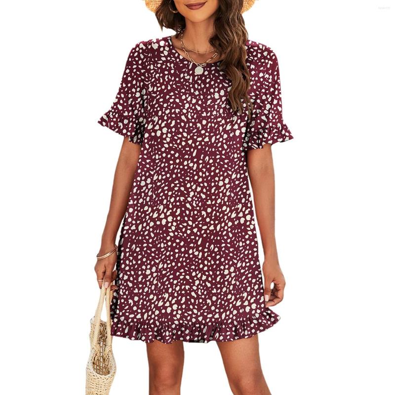 

Casual Dresses Fall Dress Work Women' Summer Floral Leopard Ruffle Short Sleeves Round Neck Loose Flowy Pleated Mini, Green