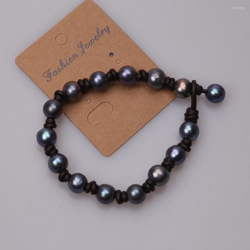 

Strand Blue Pearl Bracelets Women Pearls Bracelet Bangles For Genuine Leather Cord Jewelry Handmade Girls Drop